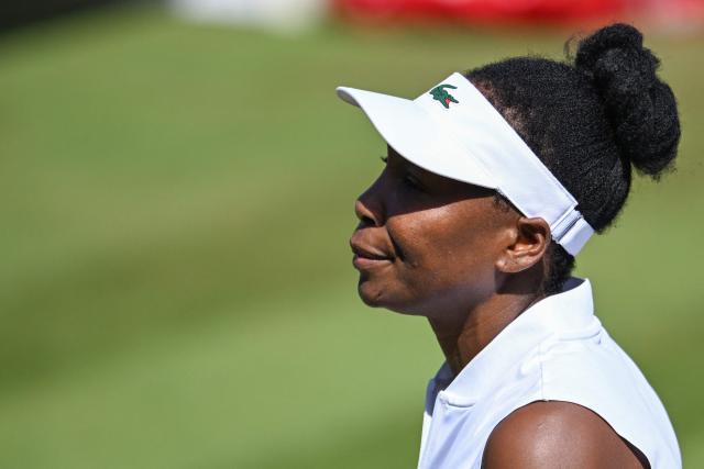 USA's Venus Williams reacts as she plays with Philippines' Alexandra Eala against Britain's Olivia Nicholls and Russia's Tereza Mihalikova during the women's doubles quarter-final match of the WTA 500 Bad Homburg Open tennis tournament in Bad Homburg, western Germany on June 25, 2026. (Photo by Kirill KUDRYAVTSEV / AFP)