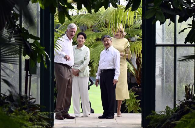 Japan's Emperor Naruhito (2nd R) and Empress Masako (2nd L) visit with King Philippe of Belgium (L) and Queen Mathilde (R) the Royal Greenhouses and the Japanese Tower in Brussels on June 25, 2026 as part of an official state visit of the Japanese Emperor and Empress to Belgium. (Photo by ERIC LALMAND / Belga / AFP) / Belgium OUT