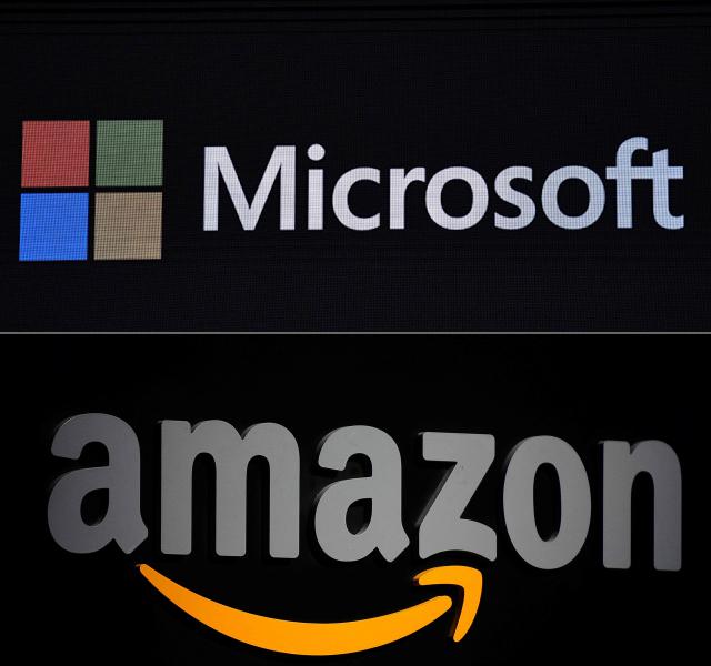 (FILES) (COMBO) This combination of pictures created on December 10, 2019 shows the Microsoft logo displayed during a presentation at the Mobile World Congress (MWC) in Barcelona on February 24, 2019, and a file photo taken on September 28, 2011 of the Amazon logo seen on a podium during a press conference in New York. The EU said Thursday that the cloud services of Amazon and Microsoft should face tougher digital competition rules in Europe because of their dominant position in the sector. (Photo by GABRIEL BOUYS and Emmanuel DUNAND / AFP)