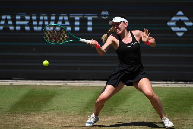 Russia's Ekaterina Alexandrova returns the ball to Japan's Naomi Osaka during the women's singles quarter-final match of the WTA 500 Bad Homburg Open tennis tournament in Bad Homburg, western Germany on June 25, 2026. (Photo by Kirill KUDRYAVTSEV / AFP)