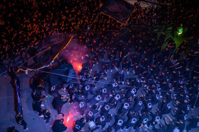 Shiite Muslims take part in the Ashura mourning ritual, which commemorates the killing of the Prophet Muhammad's grandson, Imam Hussein, in the Battle of Karbala in the seventh century, in Istanbul on June 25, 2026. (Photo by Yasin AKGUL / AFP)