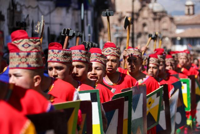 Actors perform a reenactment at Plaza Mayor during the Inti Raymi, a traditional Inca New Year and winter solstice celebration, in Cusco, Peru, on June 24, 2026. The Inti Raymi is the most important indigenous ceremony of the Peruvian Andes, held in honor of the god Inti (Quechua for "sun") at the beginning of the winter solstice. (Photo by Jose Angulo / AFP)