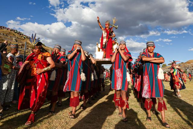 An actor performing the role of the Inca emperor takes part in a reenactment at the Sacsayhuaman fortress during the Inti Raymi, a traditional Inca New Year and winter solstice celebration, in Cusco, Peru, on June 24, 2026. The Inti Raymi is the most important indigenous ceremony of the Peruvian Andes, held in honor of the god Inti (Quechua for "sun") at the beginning of the winter solstice. (Photo by Jose Angulo / AFP)