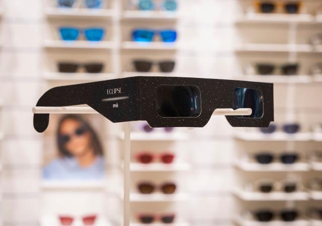 Eclipse viewing glasses certified with the ISO 12312-2:2015 international safety standard which specifies requirements for direct observation of the sun, are displayed at an optician's shop in Palma de Mallorca on June 25, 2026. According to Spain's National Astronomical Observatory, during the evening of Wednesday, August 12, 2026, a total solar eclipse will be visible from the Iberian Peninsula, marking the first such event in over a century. The path of totality of this eclipse will cross Spain from west to east and will pass throught numerous provincial capitals from La Coruna to Palma including Oviedo, Leon, Bilbao, Zaragoza, and Valencia. (Photo by Jaime REINA / AFP)