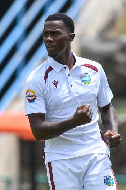 Shamar Joseph of West Indies celebrates the dismissal of Kusal Mendis of Sri Lanka during the first Test cricket match between West Indies and Sri Lanka at Sir Vivian Richards Stadium in North Sound, Antigua and Barbuda, on June 25, 2026. (Photo by Randy Brooks / AFP)