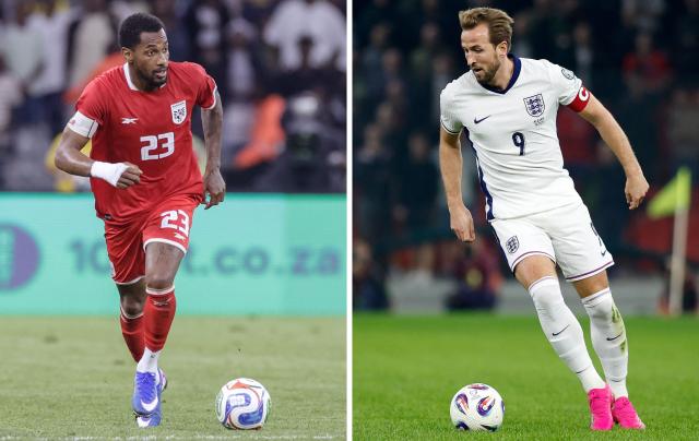 (COMBO) This combination of file photos created on June 25, 2026, shows Panama's defender #23 Michael Amir Murillo in Cape Town on March 31, 2026 (L); and England's striker #09 Harry Kane in Tirana, on November 16, 2025. Panama and England will meet at the 2026 World Cup Group L football match at the New York/New Jersey Stadium in East Rutherford on June 27, 2026. (Photo by Gianluigi GUERCIA and Adnan BECI / AFP)