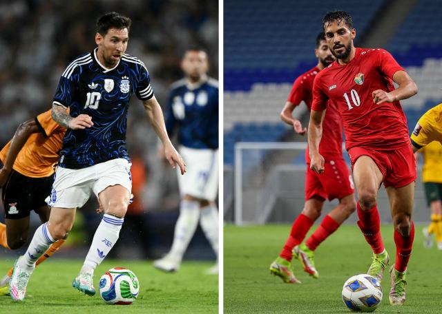 (COMBO) This combination of file photos created on June 25, 2026, shows Argentina's forward #10 Lionel Messi in Buenos Aires on March 31, 2026 (L); and Jordan's forward Musa Al-Taamari in Qatar's capital Doha on June 1, 2022. Jordan and Argentina will meet in a 2026 World Cup Group J football match at the Dallas Stadium in Arlington on June 27, 2026. (Photo by Luis ROBAYO and Karim JAAFAR / AFP)