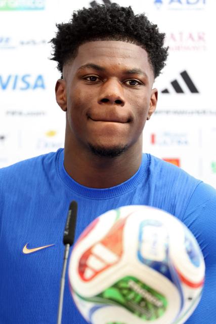 France's midfielder #08 Aurelien Tchouameni gives a press conference on the eve of France's 2026 World Cup football tournament Group I football match against Norway at Bentley University in Boston on June 25, 2026.  (Photo by FRANCK FIFE / AFP)