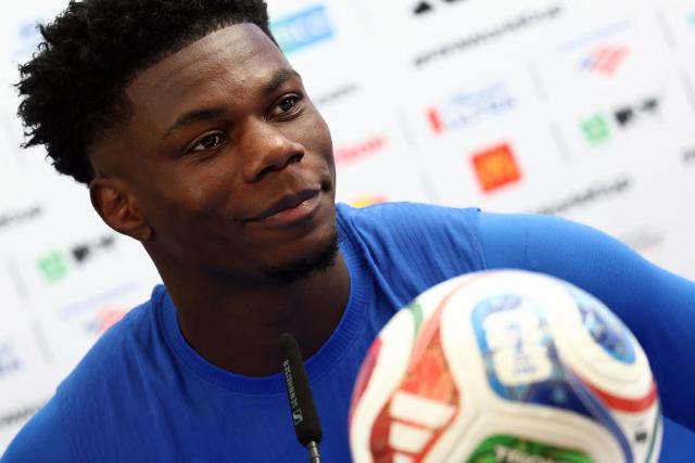 France's midfielder #08 Aurelien Tchouameni gives a press conference on the eve of France's 2026 World Cup football tournament Group I football match against Norway at Bentley University in Boston on June 25, 2026.  (Photo by FRANCK FIFE / AFP)