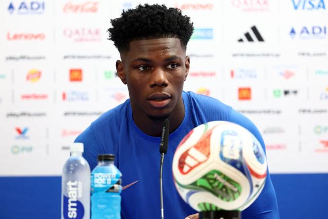 France's midfielder #08 Aurelien Tchouameni gives a press conference on the eve of France's 2026 World Cup football tournament Group I football match against Norway at Bentley University in Boston on June 25, 2026.  (Photo by FRANCK FIFE / AFP)