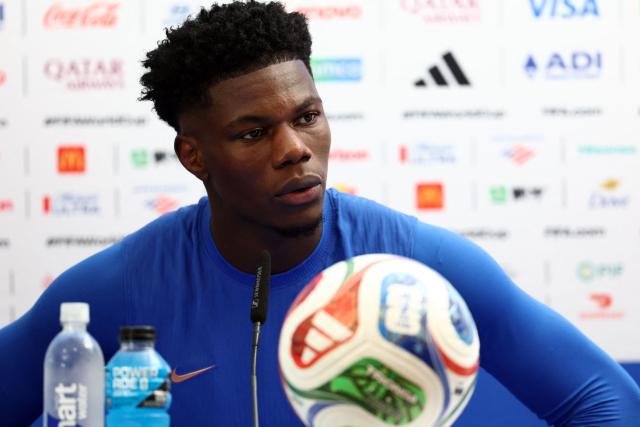 France's midfielder #08 Aurelien Tchouameni gives a press conference on the eve of France's 2026 World Cup football tournament Group I football match against Norway at Bentley University in Boston on June 25, 2026.  (Photo by FRANCK FIFE / AFP)