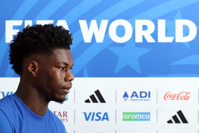 France's midfielder #08 Aurelien Tchouameni arrives to give a press conference on the eve of France's 2026 World Cup football tournament Group I football match against Norway at Bentley University in Boston on June 25, 2026.  (Photo by FRANCK FIFE / AFP)
