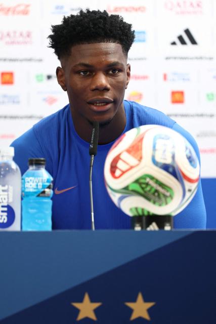 France's midfielder #08 Aurelien Tchouameni gives a press conference on the eve of France's 2026 World Cup football tournament Group I football match against Norway at Bentley University in Boston on June 25, 2026.  (Photo by FRANCK FIFE / AFP)