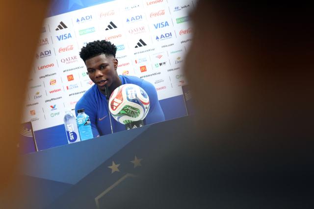 France's midfielder #08 Aurelien Tchouameni gives a press conference on the eve of France's 2026 World Cup football tournament Group I football match against Norway at Bentley University in Boston on June 25, 2026.  (Photo by FRANCK FIFE / AFP)