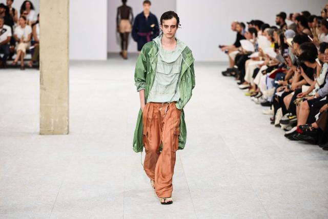 A model presents a creation for Dries Van Noten for the Menswear Spring/Summer 2027 collection fashion show as part of the Paris Fashion Week, in Paris on June 25, 2026. (Photo by SIMON WOHLFAHRT / AFP)
