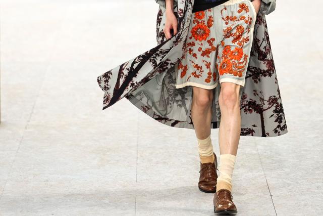 A model presents a creation for Dries Van Noten for the Menswear Spring/Summer 2027 collection fashion show as part of the Paris Fashion Week, in Paris on June 25, 2026. (Photo by SIMON WOHLFAHRT / AFP)