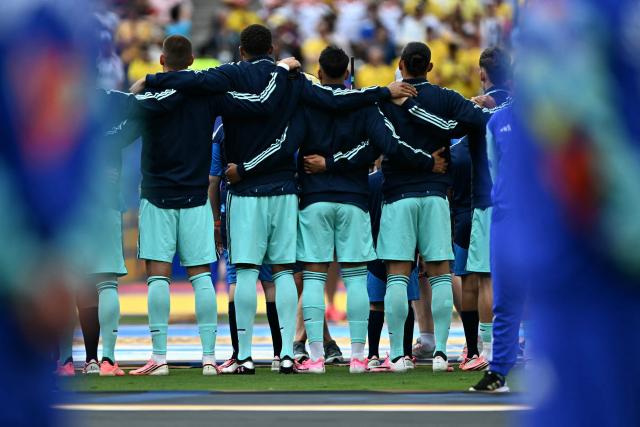 Germany players sing the national anthem ahead of the 2026 World Cup Group E football match between Ecuador and Germany at the New York/New Jersey Stadium in East Rutherford on June 25, 2026. (Photo by Jewel SAMAD / AFP)