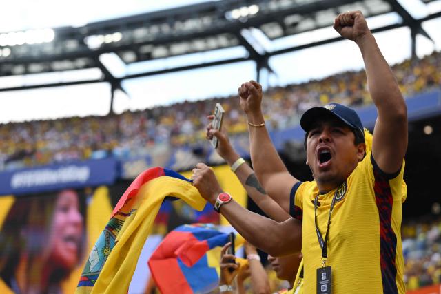 An Ecuadorian fan cheers ahead of the 2026 World Cup Group E football match between Ecuador and Germany at the New York/New Jersey Stadium in East Rutherford on June 25, 2026. (Photo by ANGELA WEISS / AFP)