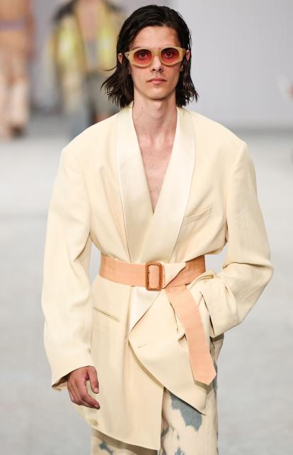 A model presents a creation for Dries Van Noten for the Menswear Spring/Summer 2027 collection fashion show as part of the Paris Fashion Week, in Paris on June 25, 2026. (Photo by SIMON WOHLFAHRT / AFP)