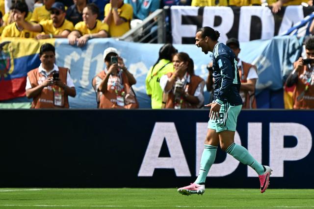 Germany's forward #19 Leroy Sane celebrates scoring his team's first goal during the 2026 World Cup Group E football match between Ecuador and Germany at the New York/New Jersey Stadium in East Rutherford on June 25, 2026. (Photo by Jewel SAMAD / AFP)