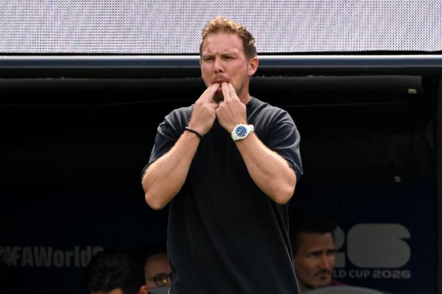 Germany's head coach Julian Nagelsmann reacts during the 2026 World Cup Group E football match between Ecuador and Germany at the New York/New Jersey Stadium in East Rutherford on June 25, 2026. (Photo by Pedro UGARTE / AFP)