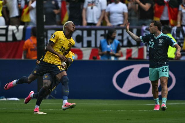 Ecuador's forward #20 Nilson Angulo celebrates scoring his team's first goal during the 2026 World Cup Group E football match between Ecuador and Germany at the New York/New Jersey Stadium in East Rutherford on June 25, 2026. (Photo by MAURO PIMENTEL / AFP)