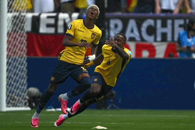 Ecuador's forward #20 Nilson Angulo celebrates scoring his team's first goal during the 2026 World Cup Group E football match between Ecuador and Germany at the New York/New Jersey Stadium in East Rutherford on June 25, 2026. (Photo by MAURO PIMENTEL / AFP)