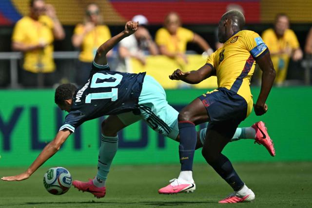 Germany's midfielder #10 Jamal Musiala and Ecuador's forward #13 Enner Valencia fight for the ball during the 2026 World Cup Group E football match between Ecuador and Germany at the New York/New Jersey Stadium in East Rutherford on June 25, 2026. (Photo by MAURO PIMENTEL / AFP)