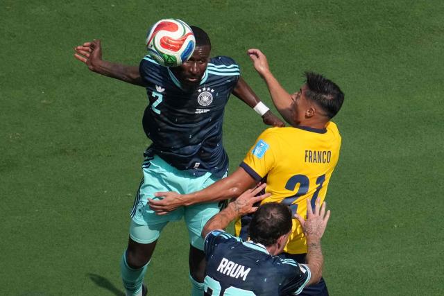 Germany's defender #02 Antonio Ruediger and Ecuador's midfielder #21 Alan Franco fight for the ball during the 2026 World Cup Group E football match between Ecuador and Germany at the New York/New Jersey Stadium in East Rutherford on June 25, 2026. (Photo by TIMOTHY A. CLARY / AFP)