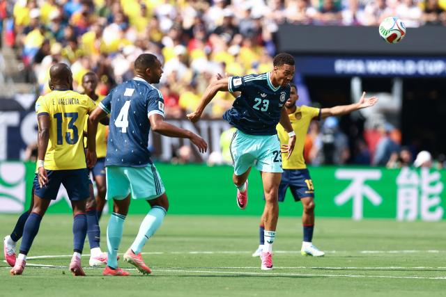 Germany's defender #23 Felix Nmecha heads the ball during the 2026 World Cup Group E football match between Ecuador and Germany at the New York/New Jersey Stadium in East Rutherford on June 25, 2026. (Photo by CHARLY TRIBALLEAU / AFP)