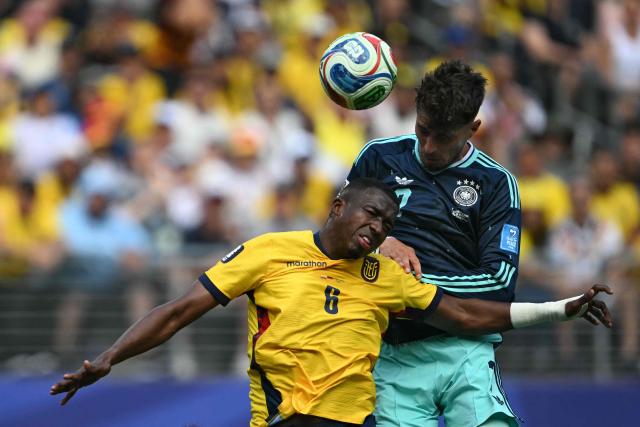 Ecuador's defender #06 Willian Pacho and Germany's forward #07 Kai Havertz fight for the ball during the 2026 World Cup Group E football match between Ecuador and Germany at the New York/New Jersey Stadium in East Rutherford on June 25, 2026. (Photo by MAURO PIMENTEL / AFP)
