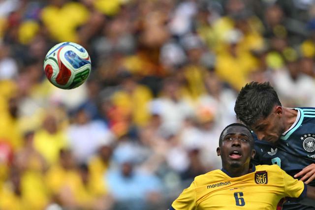 Ecuador's defender #06 Willian Pacho and Germany's forward #07 Kai Havertz fight for the ball during the 2026 World Cup Group E football match between Ecuador and Germany at the New York/New Jersey Stadium in East Rutherford on June 25, 2026. (Photo by MAURO PIMENTEL / AFP)