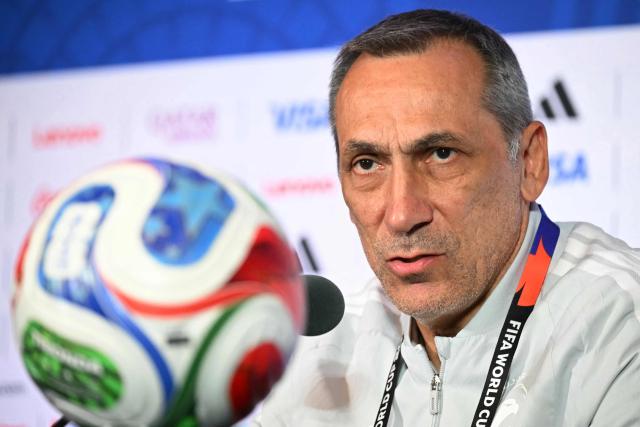 Saudi Arabia's Greek head coach Georgios Donis gives a press conference on the eve of Saudi Arabia's 2026 World Cup football tournament Group H football match against Cabo Verde in Houston on June 25, 2026.  (Photo by RONALDO SCHEMIDT / AFP)