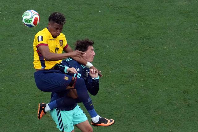 Ecuador's forward #11 Kevin Rodriguez and Germany's defender #16 Angelo Stiller fight for the ball during the 2026 World Cup Group E football match between Ecuador and Germany at the New York/New Jersey Stadium in East Rutherford on June 25, 2026. (Photo by TIMOTHY A. CLARY / AFP)