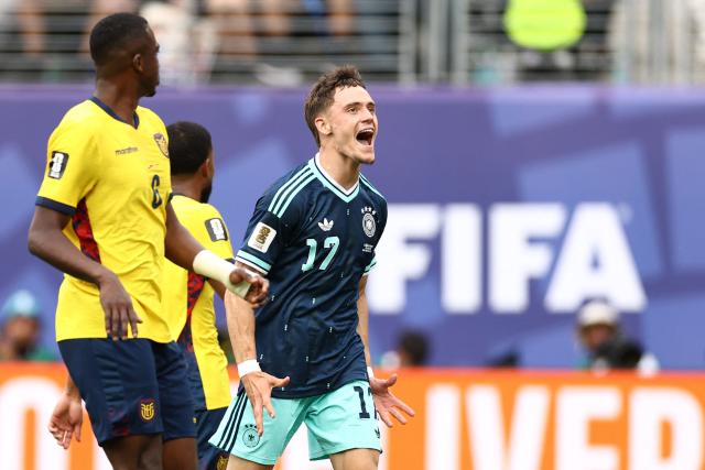 Germany's midfielder #17 Florian Wirtz reacts to a missed chance during the 2026 World Cup Group E football match between Ecuador and Germany at the New York/New Jersey Stadium in East Rutherford on June 25, 2026. (Photo by CHARLY TRIBALLEAU / AFP)
