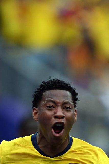 Ecuador's midfielder #19 Gonzalo Plata celebrates scoring his team's second goal during the 2026 World Cup Group E football match between Ecuador and Germany at the New York/New Jersey Stadium in East Rutherford on June 25, 2026. (Photo by MAURO PIMENTEL / AFP)