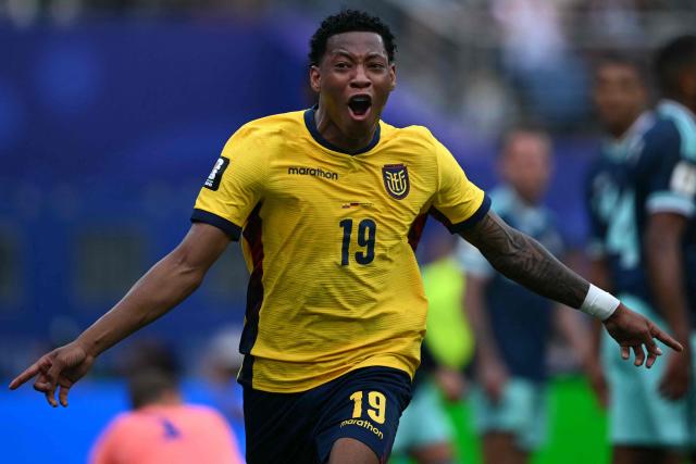 Ecuador's midfielder #19 Gonzalo Plata celebrates scoring his team's second goal during the 2026 World Cup Group E football match between Ecuador and Germany at the New York/New Jersey Stadium in East Rutherford on June 25, 2026. (Photo by MAURO PIMENTEL / AFP)