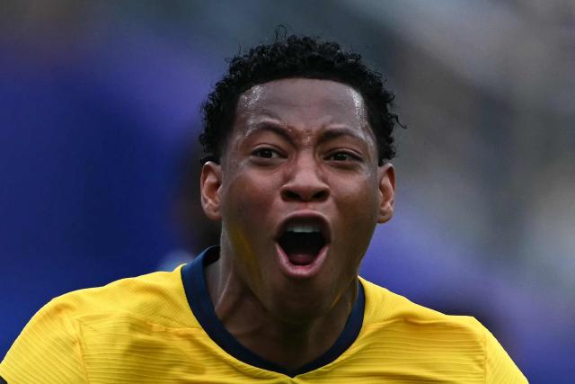 Ecuador's midfielder #19 Gonzalo Plata celebrates scoring his team's second goal during the 2026 World Cup Group E football match between Ecuador and Germany at the New York/New Jersey Stadium in East Rutherford on June 25, 2026. (Photo by MAURO PIMENTEL / AFP)
