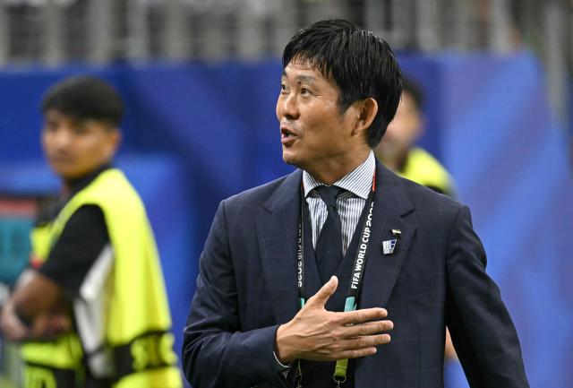 Japan's head coach Hajime Moriyasu walks on the pich ahead of the 2026 World Cup Group F football match between Japan and Sweden at the Dallas Stadium in Arlington on June 25, 2026. (Photo by Paul ELLIS / AFP)