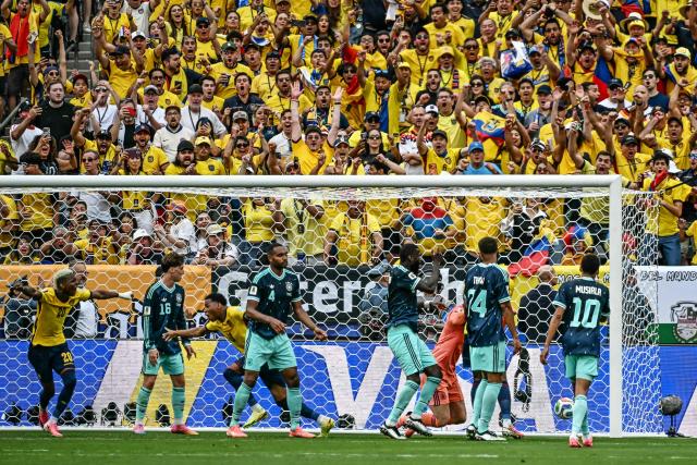 Ecuador's midfielder #19 Gonzalo Plata celebrates scoring his team's second goal during the 2026 World Cup Group E football match between Ecuador and Germany at the New York/New Jersey Stadium in East Rutherford on June 25, 2026. (Photo by Jewel SAMAD / AFP)