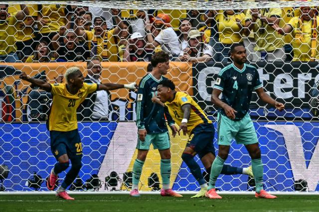 Ecuador's midfielder #19 Gonzalo Plata celebrates scoring his team's second goal during the 2026 World Cup Group E football match between Ecuador and Germany at the New York/New Jersey Stadium in East Rutherford on June 25, 2026. (Photo by Jewel SAMAD / AFP)