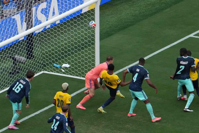 Ecuador's midfielder #19 Gonzalo Plata scores his team's second goal during the 2026 World Cup Group E football match between Ecuador and Germany at the New York/New Jersey Stadium in East Rutherford on June 25, 2026. (Photo by TIMOTHY A. CLARY / AFP)
