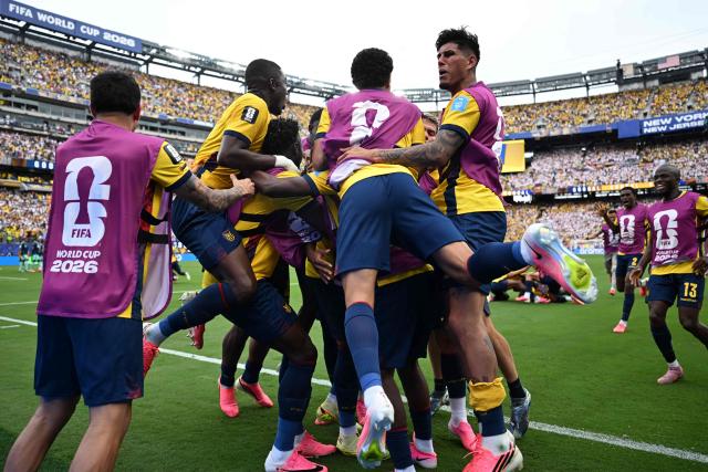 Ecuador's midfielder #19 Gonzalo Plata (unseen) celebrates teammates scoring his team's second goal during the 2026 World Cup Group E football match between Ecuador and Germany at the New York/New Jersey Stadium in East Rutherford on June 25, 2026. (Photo by MAURO PIMENTEL / AFP)