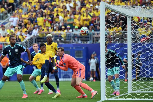 Ecuador's midfielder #19 Gonzalo Plata scores his team's second goal during the 2026 World Cup Group E football match between Ecuador and Germany at the New York/New Jersey Stadium in East Rutherford on June 25, 2026. (Photo by ANGELA WEISS / AFP)
