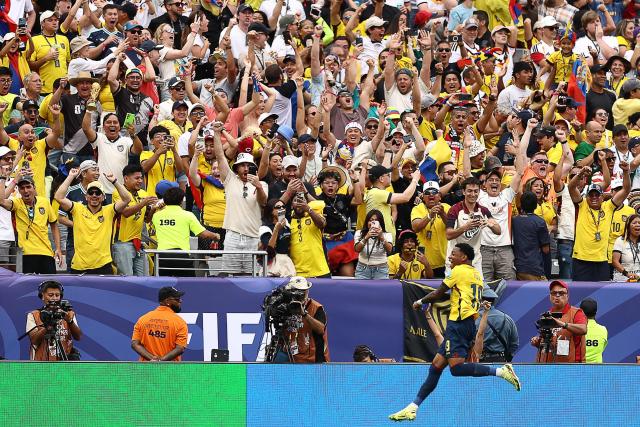 Ecuador's midfielder #19 Gonzalo Plata celebrates scoring his team's second goal during the 2026 World Cup Group E football match between Ecuador and Germany at the New York/New Jersey Stadium in East Rutherford on June 25, 2026. (Photo by CHARLY TRIBALLEAU / AFP)