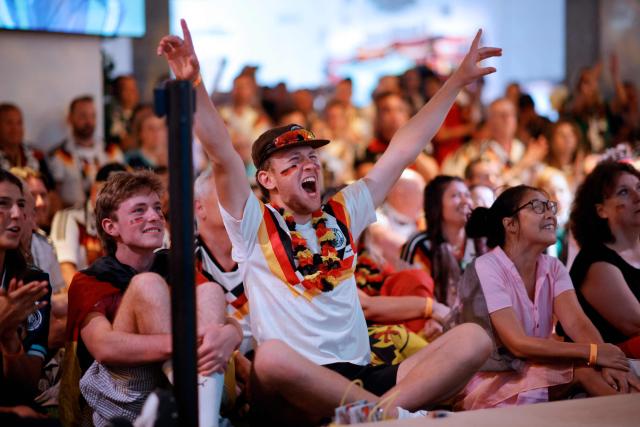 Germany fans react during a watch party for the 2026 World Cup football tournament match between Ecuador and Germany, at German House of Soccer, in New York City, on June 25, 2026. (Photo by Leonardo MUNOZ / AFP)