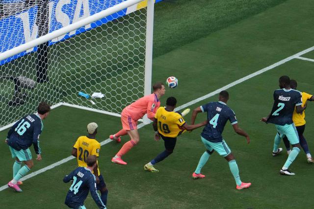 Ecuador's midfielder #19 Gonzalo Plata scores his team's second goal during the 2026 World Cup Group E football match between Ecuador and Germany at the New York/New Jersey Stadium in East Rutherford on June 25, 2026. (Photo by TIMOTHY A. CLARY / AFP)