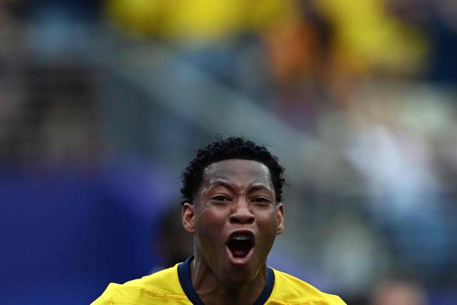 Ecuador's midfielder #19 Gonzalo Plata celebrates scoring his team's second goal during the 2026 World Cup Group E football match between Ecuador and Germany at the New York/New Jersey Stadium in East Rutherford on June 25, 2026. (Photo by MAURO PIMENTEL / AFP)