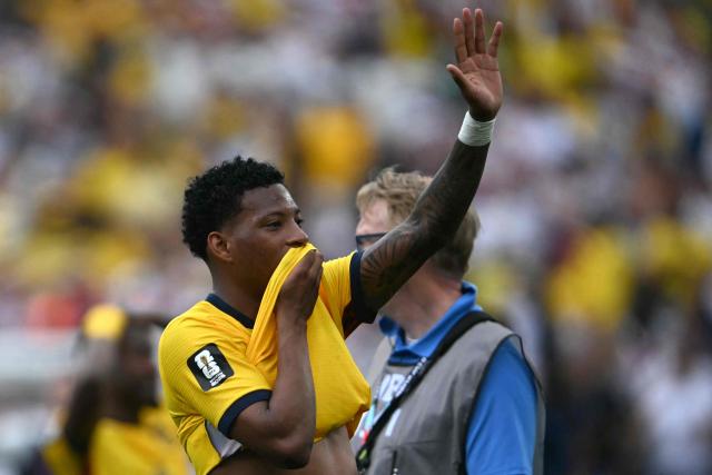 Ecuador's midfielder #19 Gonzalo Plata celebrates after winning the 2026 World Cup Group E football match between Ecuador and Germany at the New York/New Jersey Stadium in East Rutherford on June 25, 2026. (Photo by MAURO PIMENTEL / AFP)
