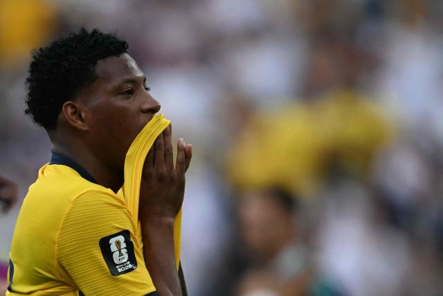 Ecuador's midfielder #19 Gonzalo Plata celebrates after winning the 2026 World Cup Group E football match between Ecuador and Germany at the New York/New Jersey Stadium in East Rutherford on June 25, 2026. (Photo by MAURO PIMENTEL / AFP)